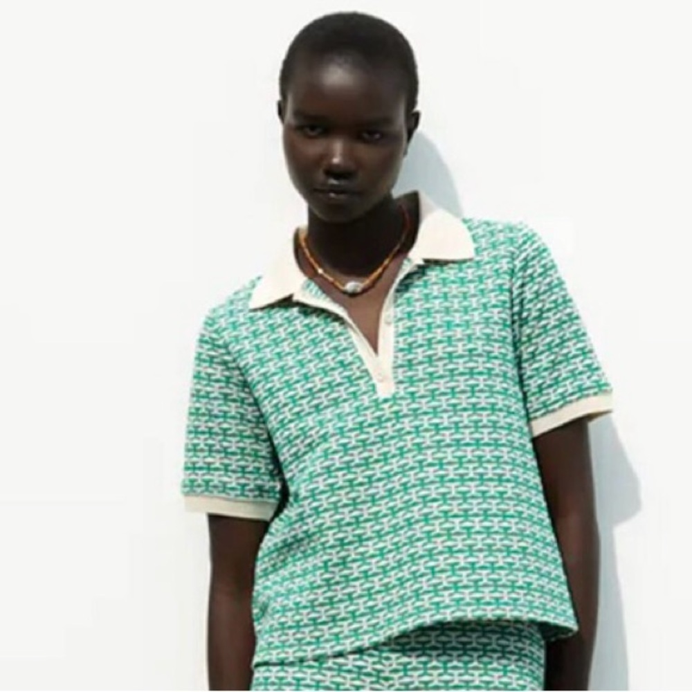 NWT Zara Cream and Green Textured Polo